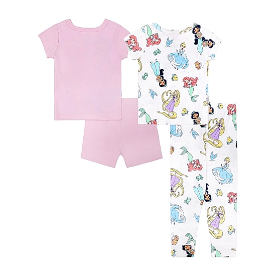 Disney Collection Toddler Girls Ariel Cinderella Princess Crew Neck Short Sleeve 4-pc. Pajama Set