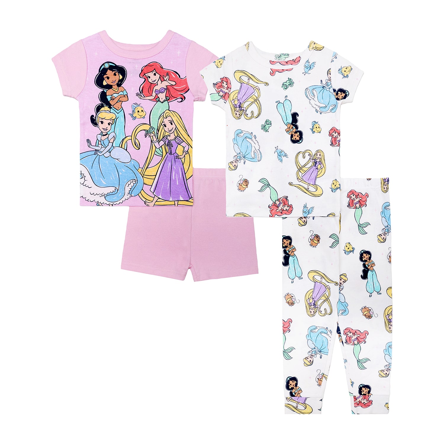 Disney Collection Toddler Girls Ariel Cinderella Princess Crew Neck Short Sleeve 4-pc. Pajama Set