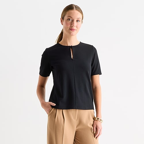 Liz Claiborne Womens Tall Keyhole Neck Short Sleeve Blouse In Black