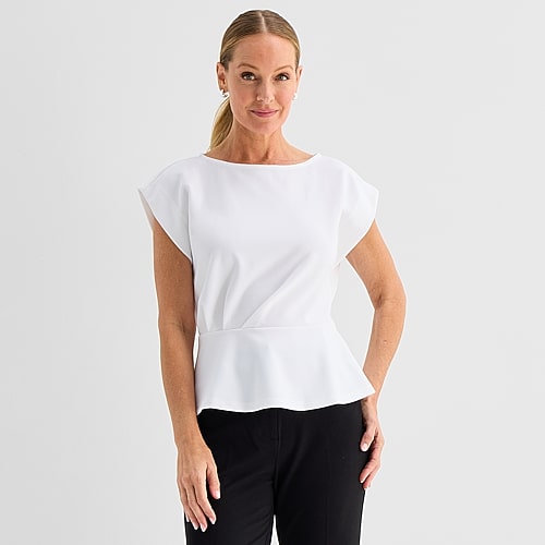Liz Claiborne Womens Tall Crew Neck Short Sleeve Peplum Top In White