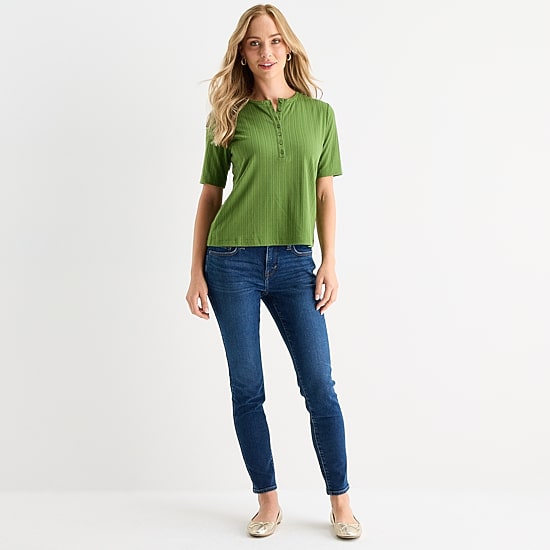 Liz Claiborne Womens Short Sleeve Regular Fit Henley Shirt