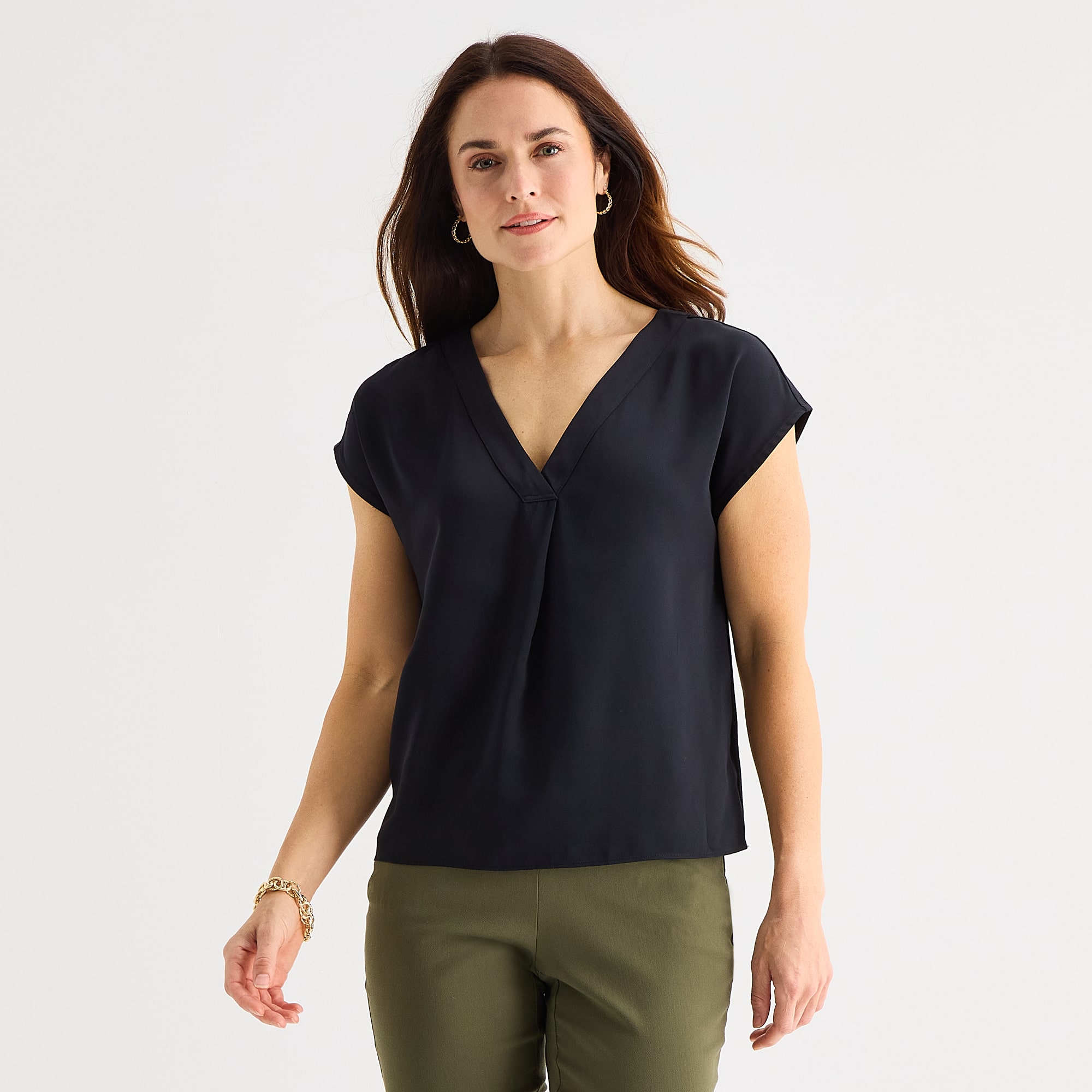 Liz Claiborne Womens V Neck Short Sleeve Satin Blouse