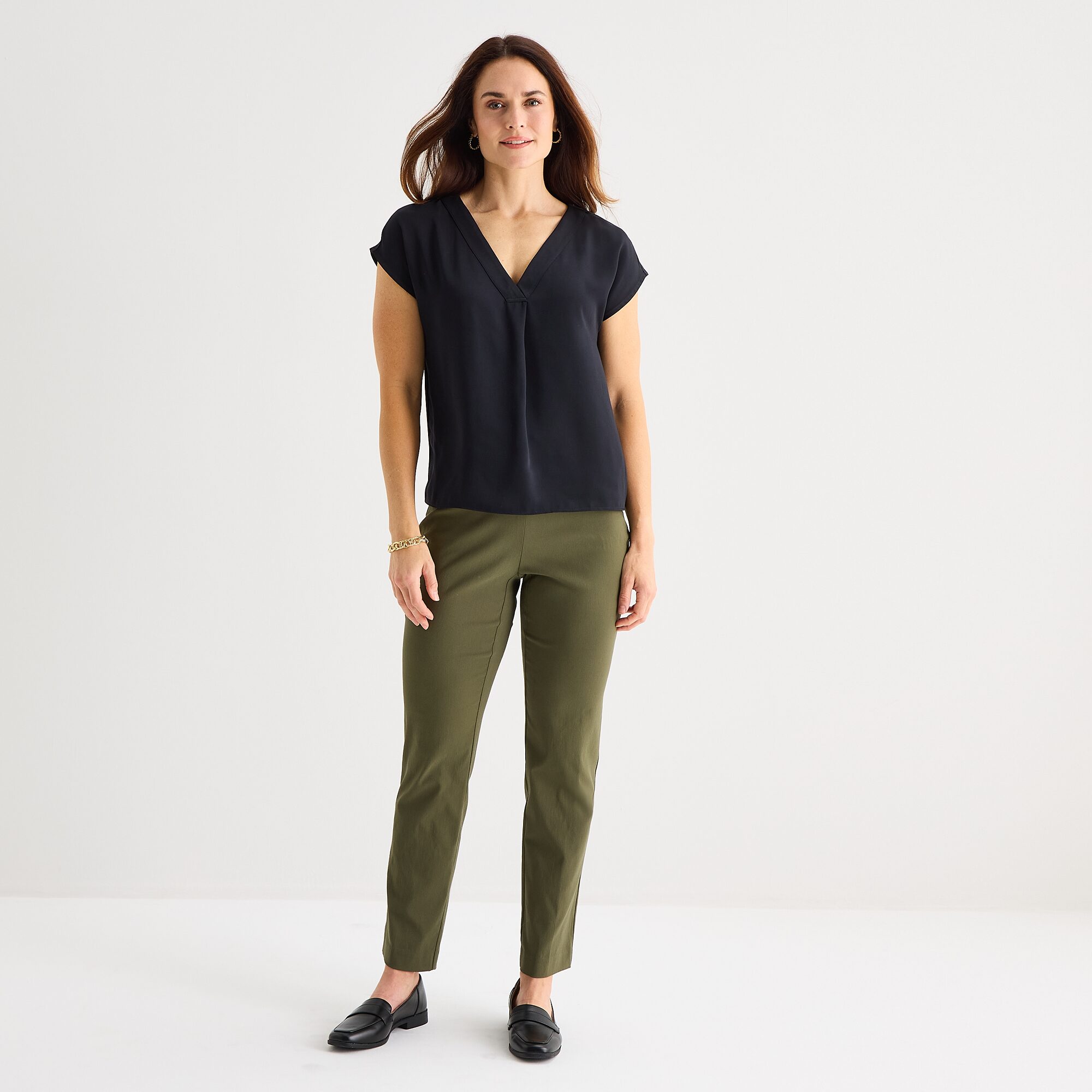 Liz Claiborne Womens V Neck Short Sleeve Satin Blouse