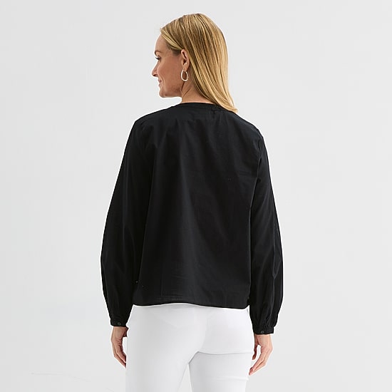 Liz Claiborne Womens Crew Neck Bishop Long Sleeve Regular Fit Button-Down Shirt