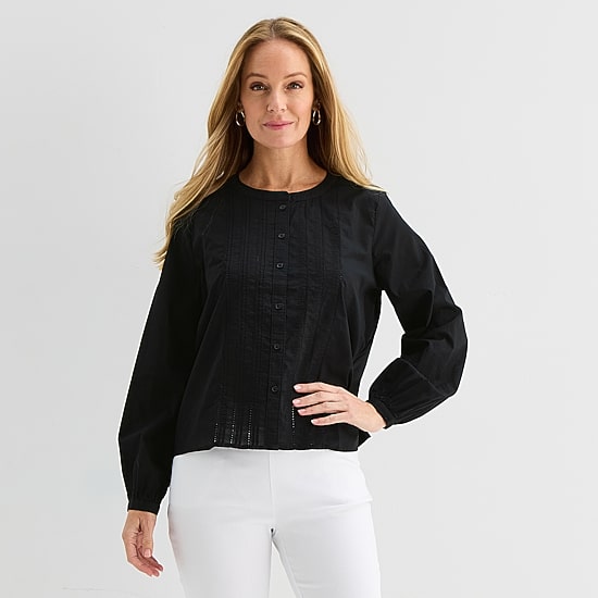 Liz Claiborne Womens Crew Neck Bishop Long Sleeve Regular Fit Button-Down Shirt