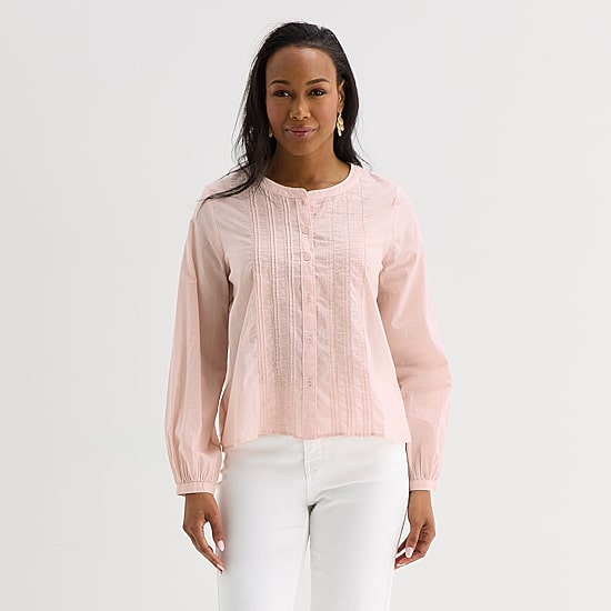 Liz Claiborne Womens Crew Neck Bishop Long Sleeve Regular Fit Button-Down Shirt