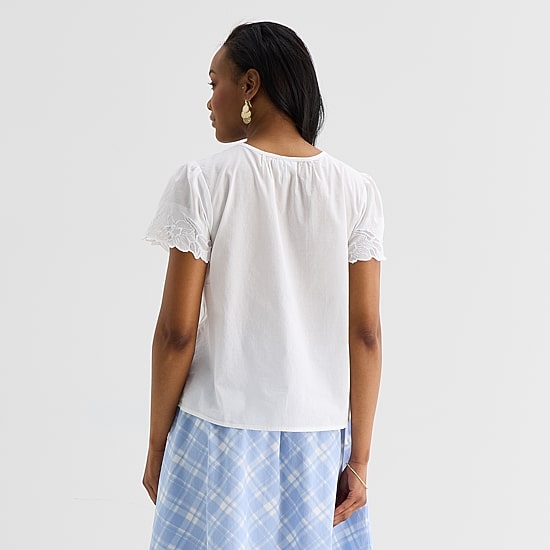 Liz Claiborne Womens Keyhole Neck Short Sleeve Embroidered Blouse