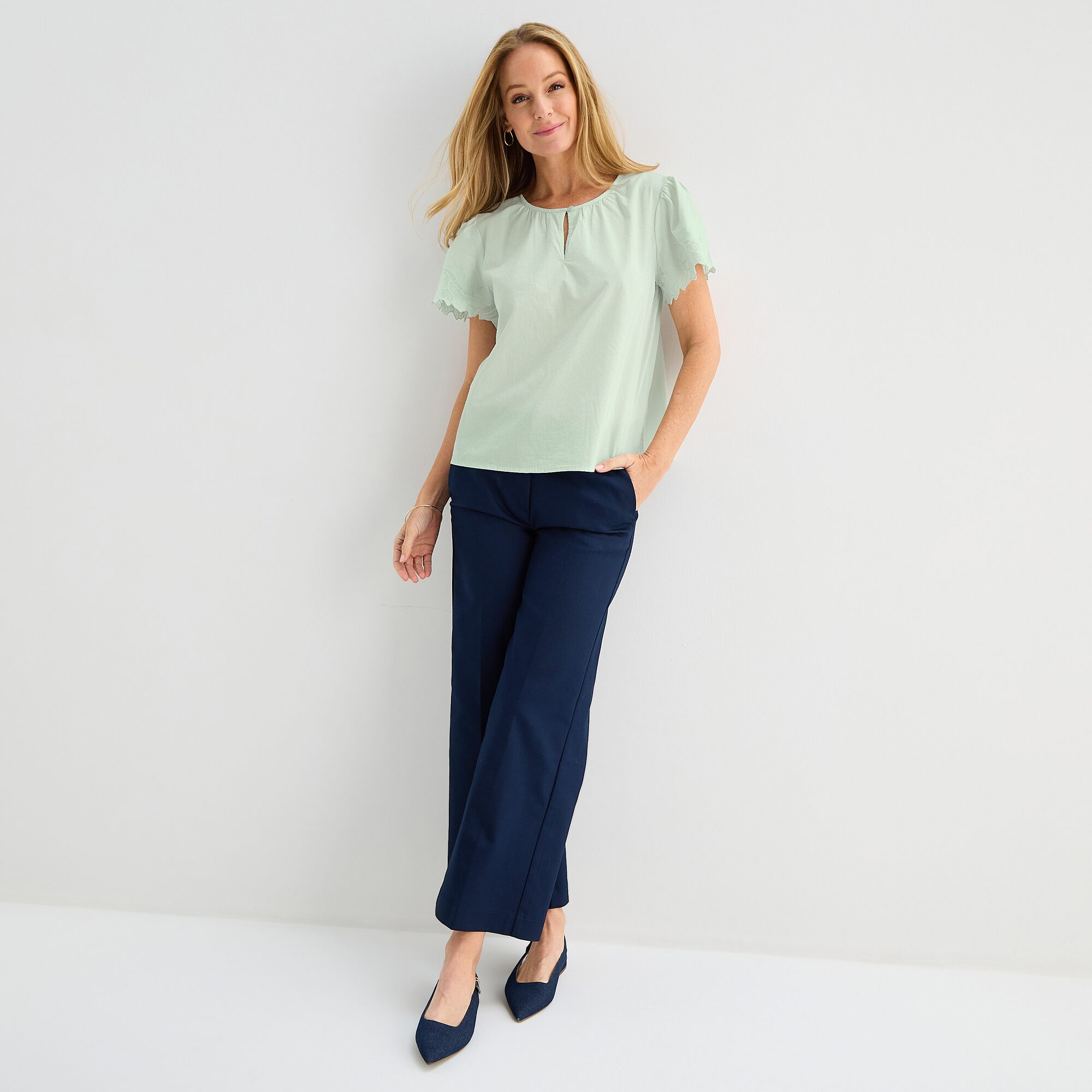 Liz Claiborne Womens Keyhole Neck Short Sleeve Embroidered Blouse