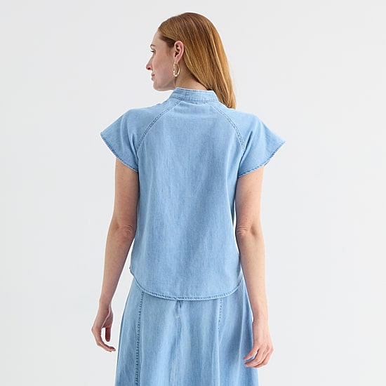 Liz Claiborne Womens Petite High Neck Short Sleeve Blouse