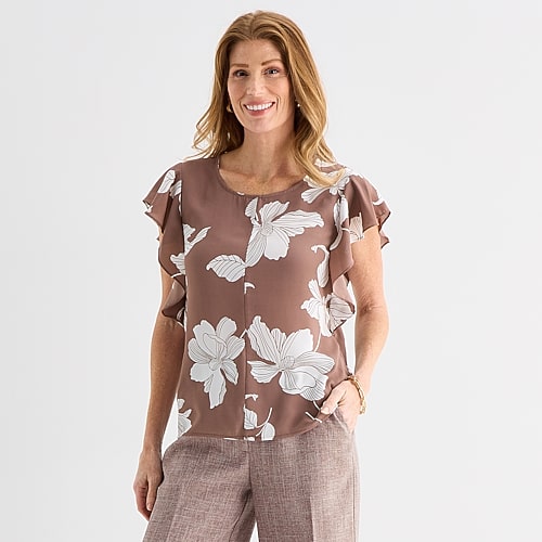 Liz Claiborne Womens Crew Neck Short Sleeve Blouse, Petite X-large, Brown
