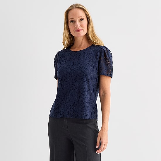 Liz Claiborne Womens Crew Neck Short Sleeve Lace Blouse