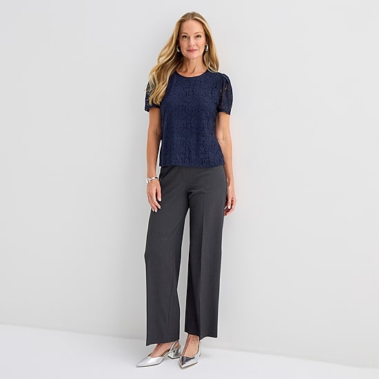 Liz Claiborne Womens Crew Neck Short Sleeve Lace Blouse