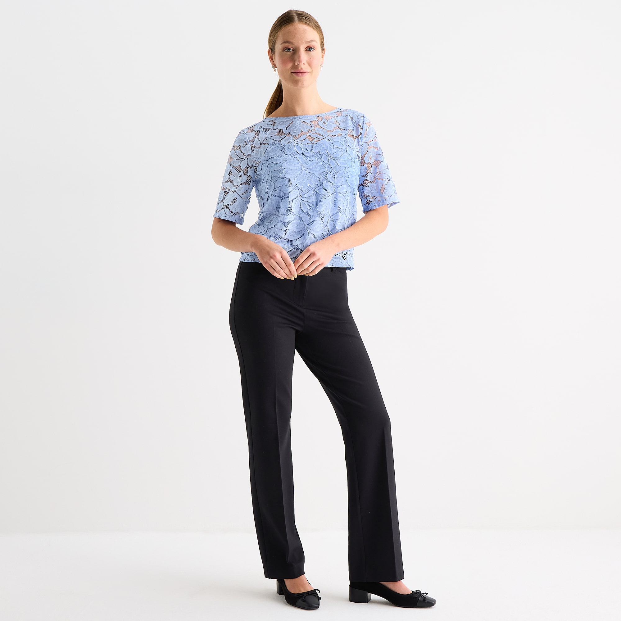 Liz Claiborne Womens Boat Neck Elbow Sleeve Lace Blouse