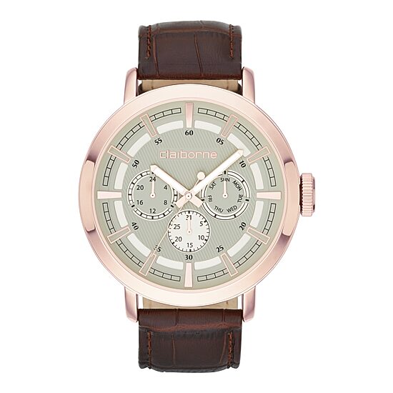 Claiborne® Mens Rose-Tone Leather Strap Multifunction Watch
