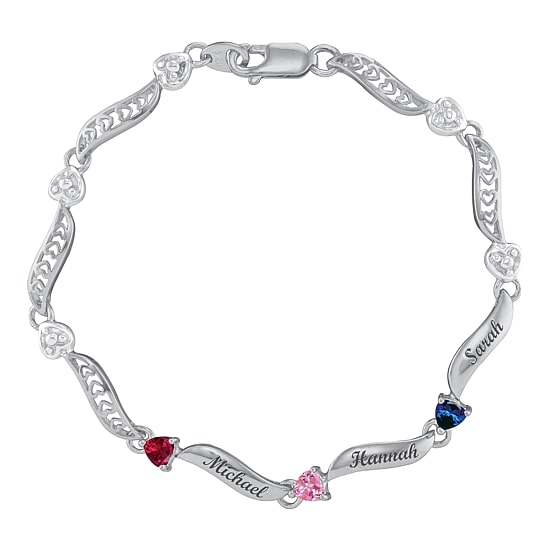 Personalized Sterling Silver Family Birthstone Heart Bracelet