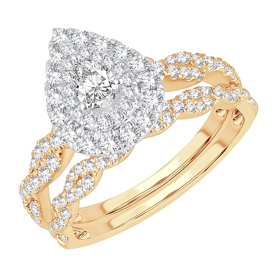 Signature By Modern Bride 1 CT.T.W. Natural Diamond Pear Shape Side Stone Halo Bridal Set in 10K or 14K Gold