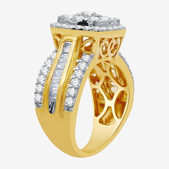 Womens 2 CT. T.W. Natural White Diamond 10K Gold Cushion Side Stone Halo Engagement Ring
