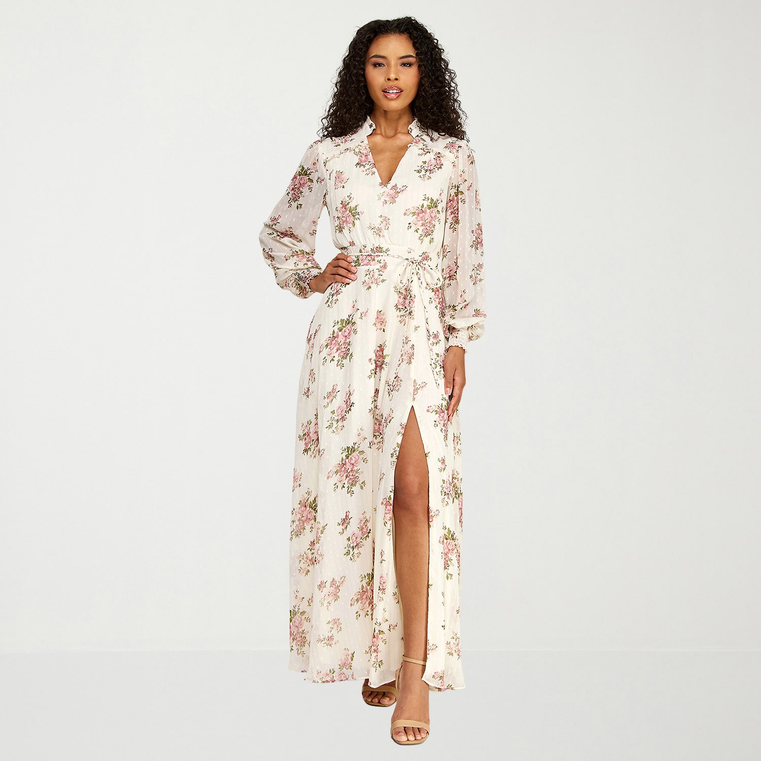 Premier Amour Womens V Neck Long Sleeve Puffed Maxi Dress