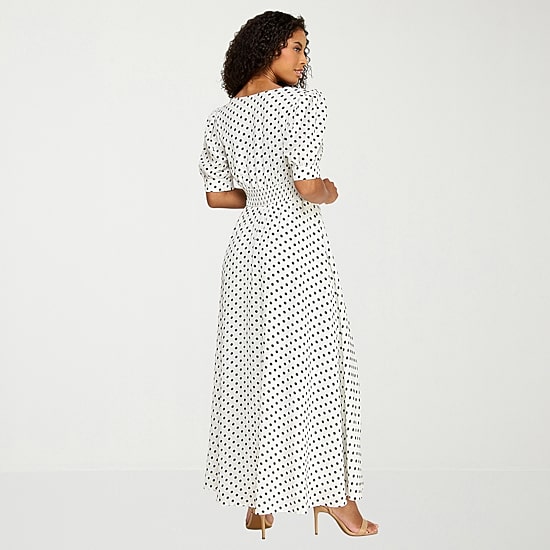 Premier Amour Womens Midi V Neck Short Sleeve Puffed Polka Dot Fit + Flare Dress