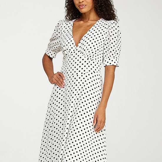 Premier Amour Womens Midi V Neck Short Sleeve Puffed Polka Dot Fit + Flare Dress