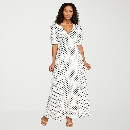 Premier Amour Womens Midi V Neck Short Sleeve Puffed Polka Dot Fit + Flare Dress