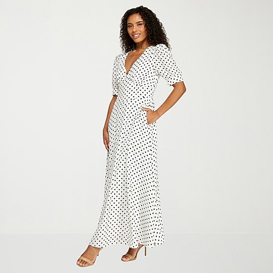 Premier Amour Womens Midi V Neck Short Sleeve Puffed Polka Dot Fit + Flare Dress