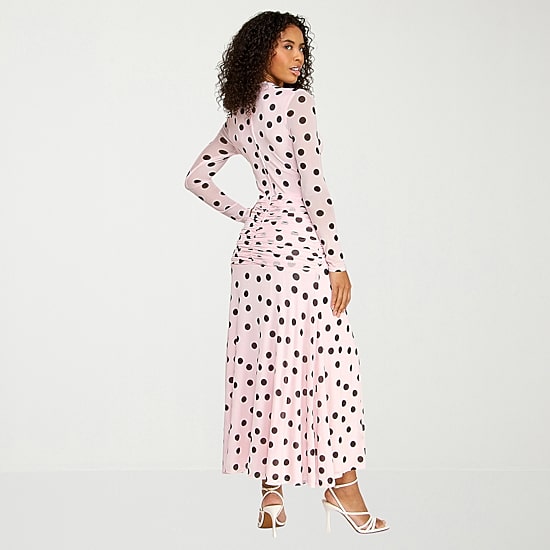 Premier Amour Womens Midi Round Neck Long Sleeve Fitted Polka Dot Fit + Flare Dress