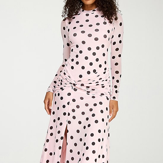 Premier Amour Womens Midi Round Neck Long Sleeve Fitted Polka Dot Fit + Flare Dress