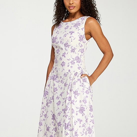 Premier Amour Womens Midi Boat Neck Sleeveless Floral Fit + Flare Dress