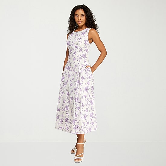 Premier Amour Womens Midi Boat Neck Sleeveless Floral Fit + Flare Dress