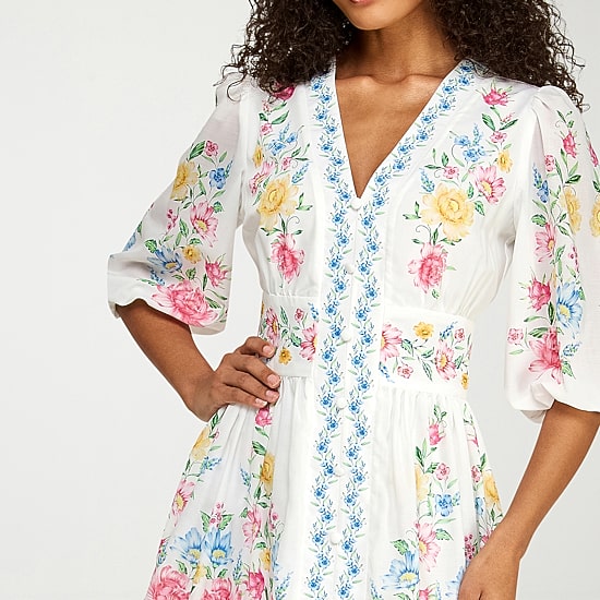 Premier Amour Womens V Neck 3/4 Sleeve Puffed Floral Fit + Flare Dress