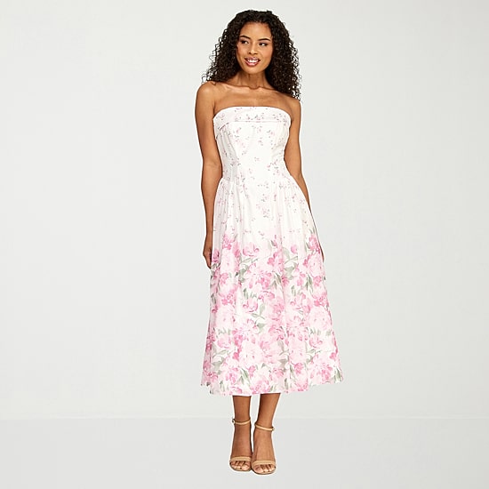 strapless a line midi dress Green Floral A-Line Custom Size:XS Evening Semi-Formal vs Formal Attire: day comfort
