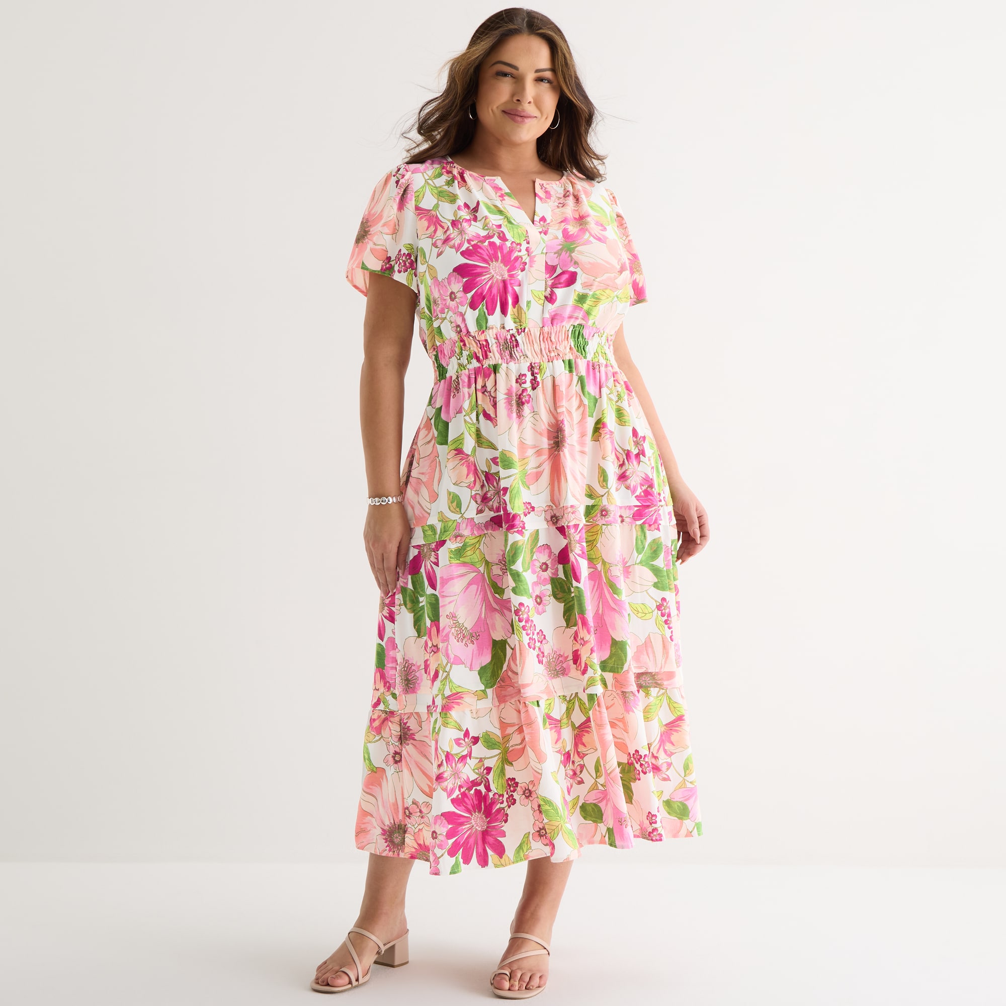 Be by CHETTA B Womens Plus Split Crew Neck Short Sleeve Fitted Maxi Dress