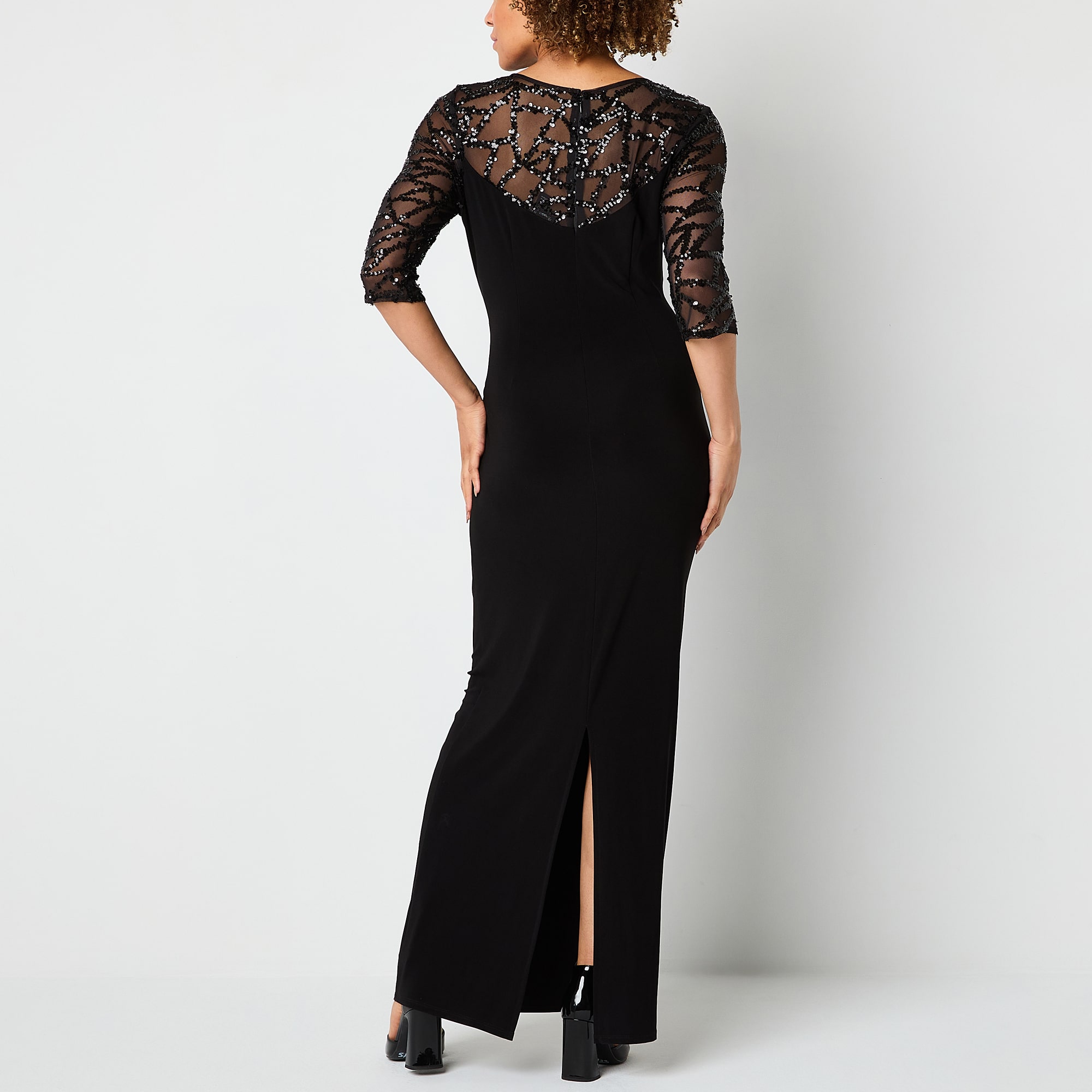 Maya Brooke Womens Round Neck 3/4 Sleeve Fitted Sequin Evening Gown