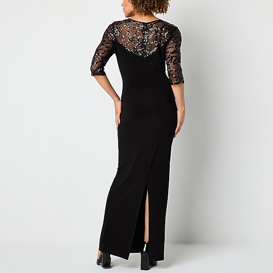 Maya Brooke Womens Round Neck 3/4 Sleeve Fitted Sequin Evening Gown