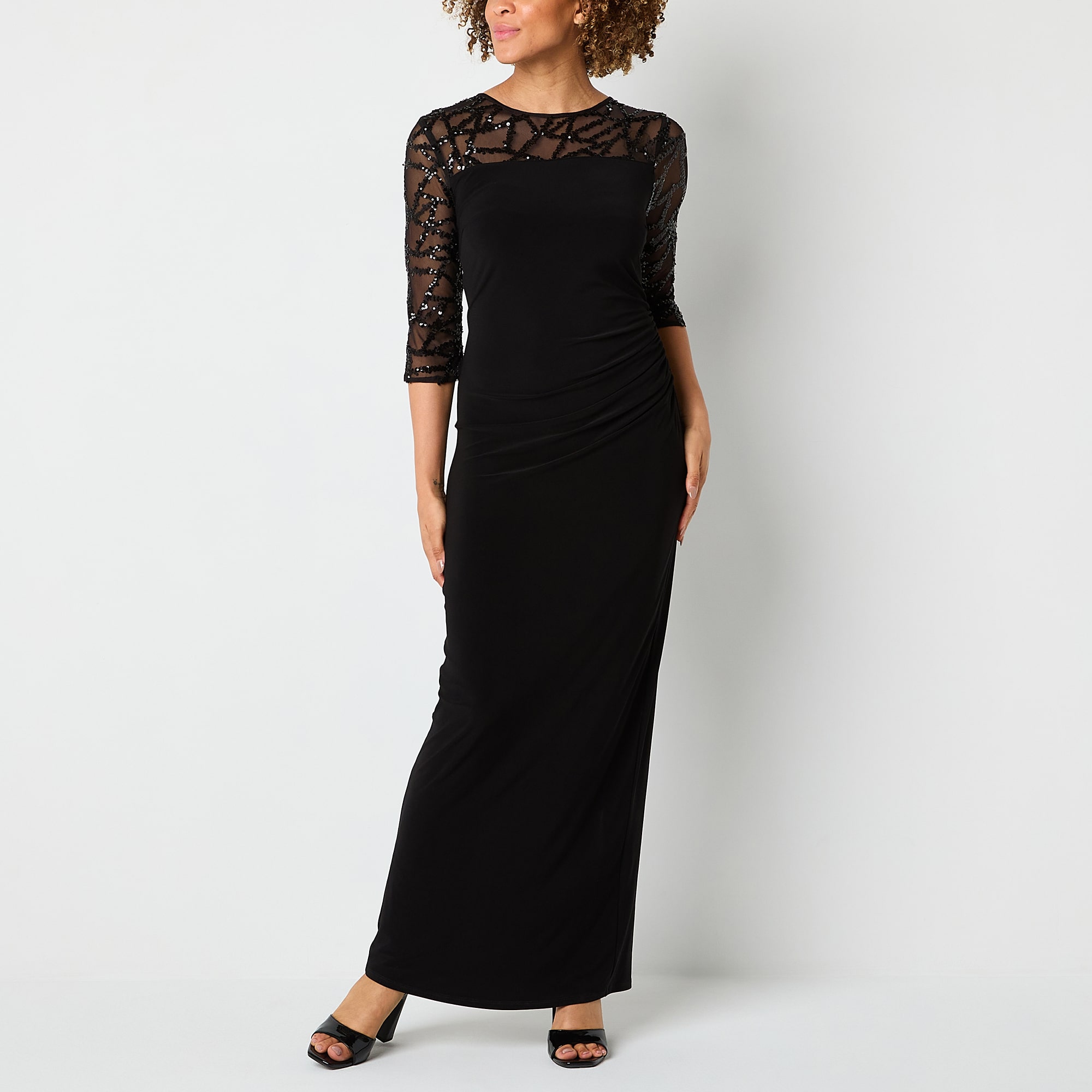 Maya Brooke Womens Round Neck 3/4 Sleeve Fitted Sequin Evening Gown