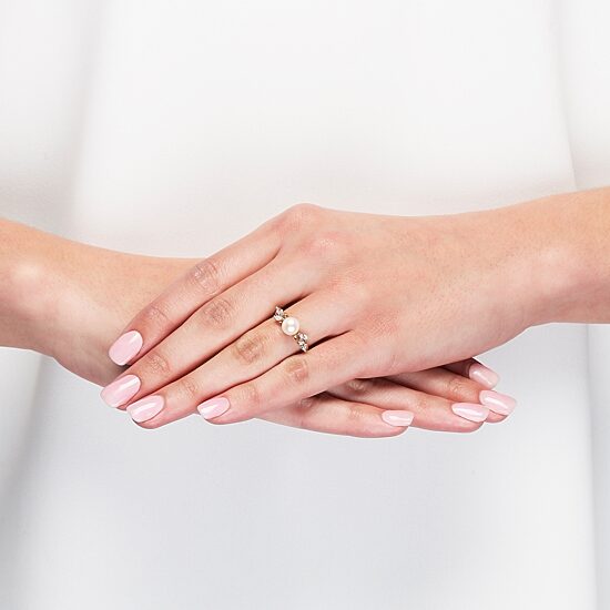 Certified Sofia Cultured Freshwater Pearl and Lab Created White Sapphire in 10K Gold Cocktail Ring