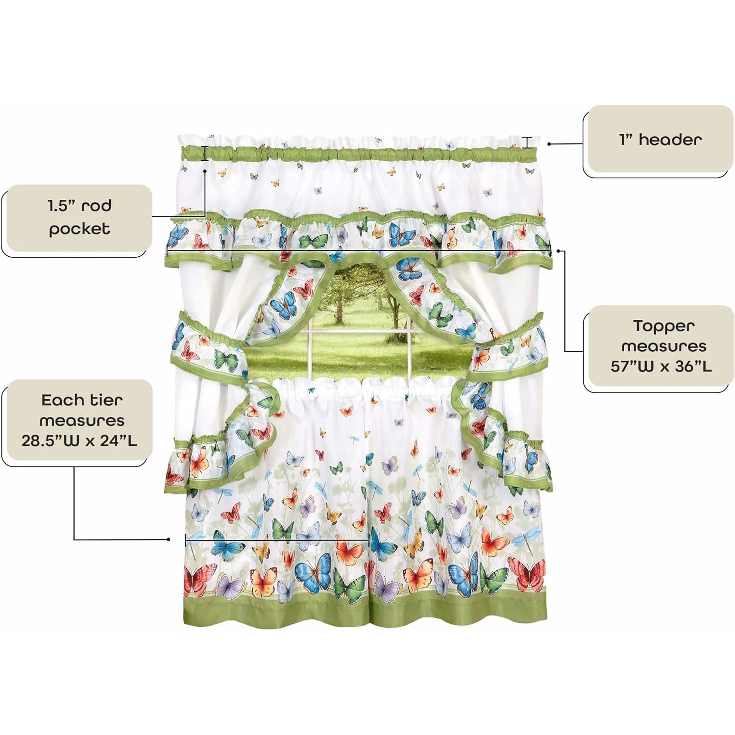 Achim Butterflies 3-pc. Rod Pocket Kitchen Curtains & Drapes Window Set