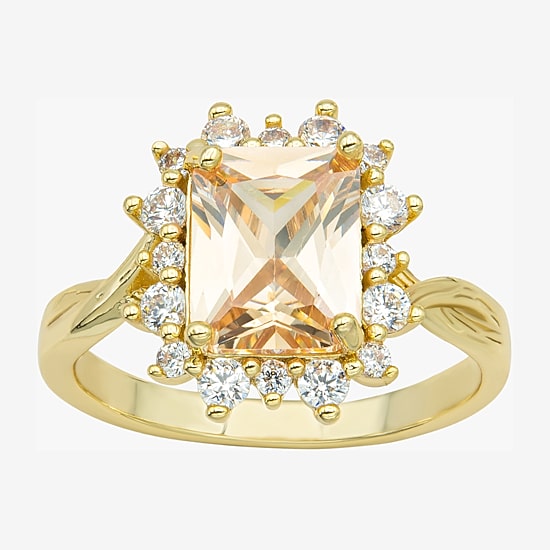 Sparkle Allure Twisted Womens Champagne Cubic Zirconia 14K Gold Over Brass Halo Cocktail Ring