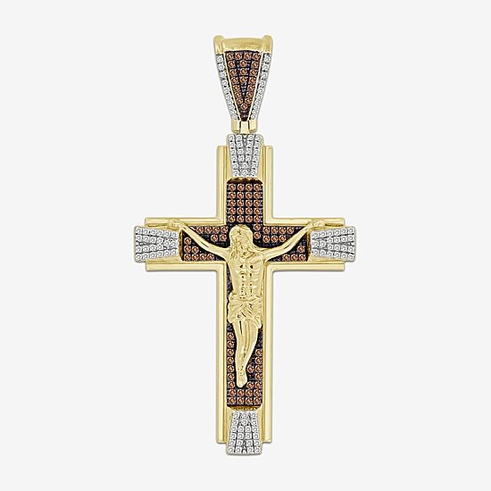 "Crucifix" Mens 1/2 CT. T.W. Natural Champagne Diamond 10K Gold Cross Pendant