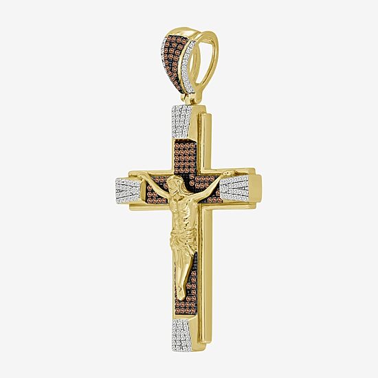 "Crucifix" Mens 1/2 CT. T.W. Natural Champagne Diamond 10K Gold Cross Pendant