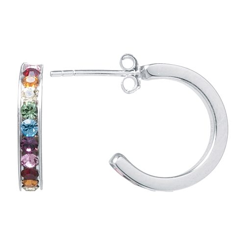Silver Treasures Womens Crystal Sterling Silver 15mm Hoop Earrings, One Size, Multi