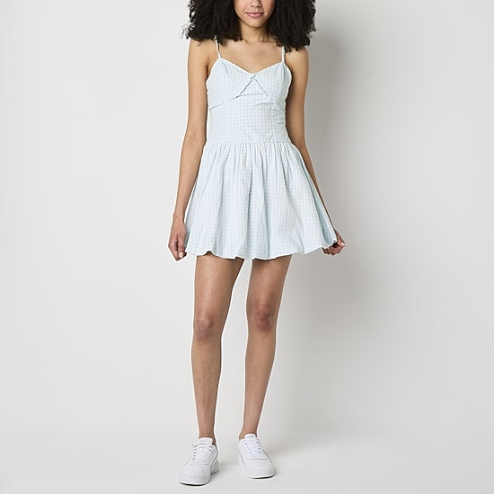 Arizona Bubble Hem Womens Juniors Sweetheart Neck Sleeveless Gingham Fit + Flare Dress