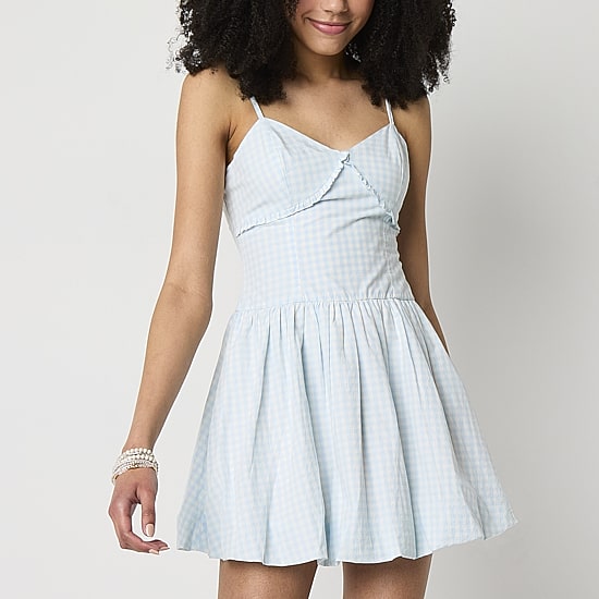 Arizona Bubble Hem Womens Juniors Sweetheart Neck Sleeveless Gingham Fit + Flare Dress