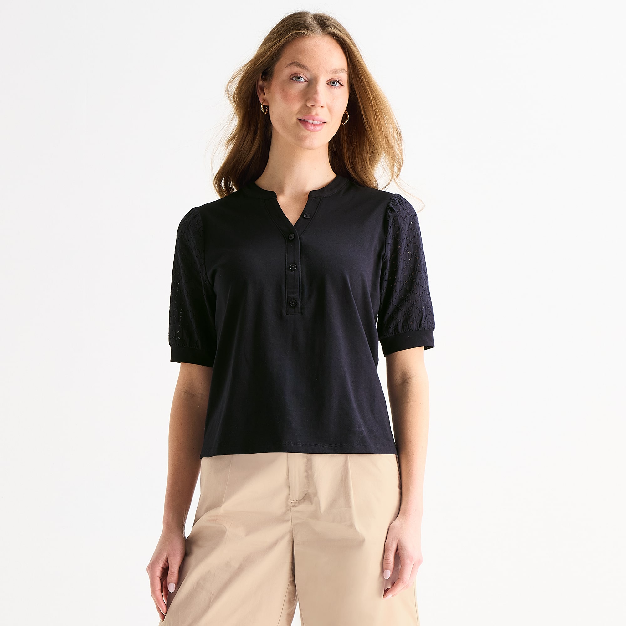 Liz Claiborne Womens Split Crew Neck Elbow Sleeve Blouse