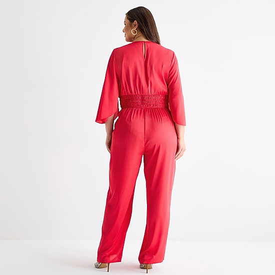 Bold Elements Womens V Neck Elbow Sleeve Satin Plus Jumpsuit