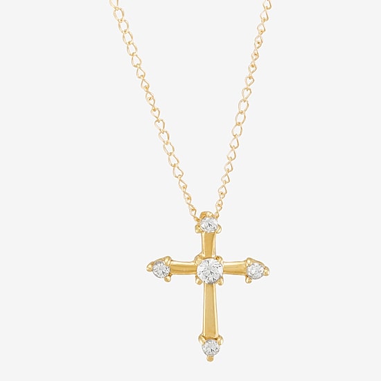 Limited Quantities! Girls White Cubic Zirconia 14K Gold Cross 13 Inch Pendant Necklace