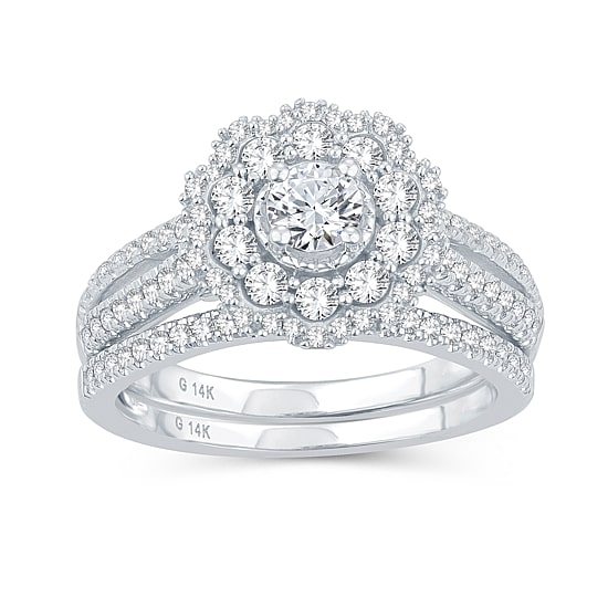 Womens 1 CT. T.W. Natural Diamond 10K Gold Round Side Stone Halo Bridal Set