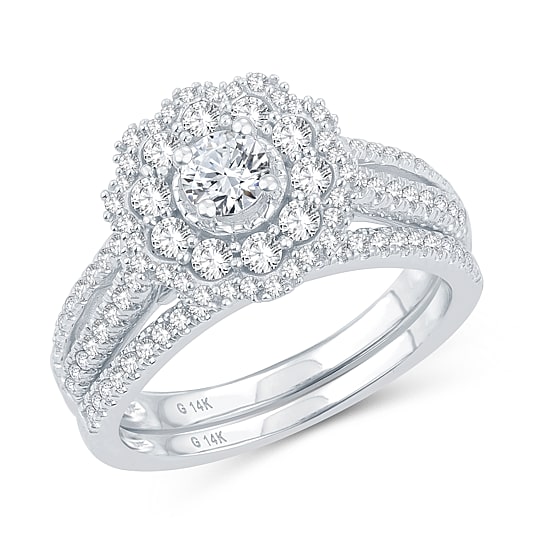 Womens 1 CT. T.W. Natural Diamond 10K Gold Round Side Stone Halo Bridal Set