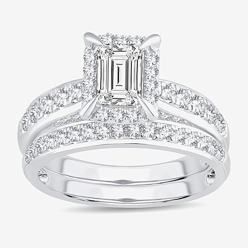 (H-I / Si1-Si2) Womens 1 1/2 CT. T.W. Lab Grown White Diamond 10K Gold Side Stone Halo Bridal Set, 9, White